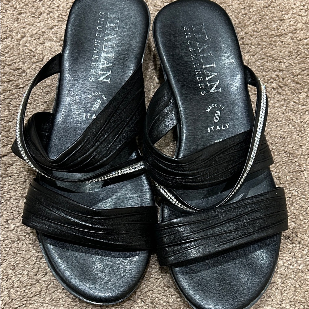 Italian Shoemakers Black Slide Sandals with Rhinestone Strap